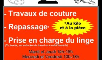 Nouveaux Services dans votre laverie:  - Repassage au kilo et/ou à la pièce - Prise en charge du linge sur votre lieu de travail ou votre domicile             Mardi et Jeudi 14h-18h Mercredi et Vendredi 10h-18h Ou sur rendez-vous: 06-74-30-59-06 (du Lundi au Samedi) et TOUJOURS votre laverie en libre-service tous les jours de 8h à 21h. Ne vous laissez plus déborder par le linge et profitez de nos packs services!