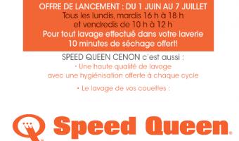 Du 1 er juin au 7 juillet 2017  Tous les Lundis et Mardi de 16h à 18h  et tous les Vendredis de 10h à 12h  Pour tout lavage effectué dans votre laverie Speedqueen de Cenon 10mn de séchage offert.